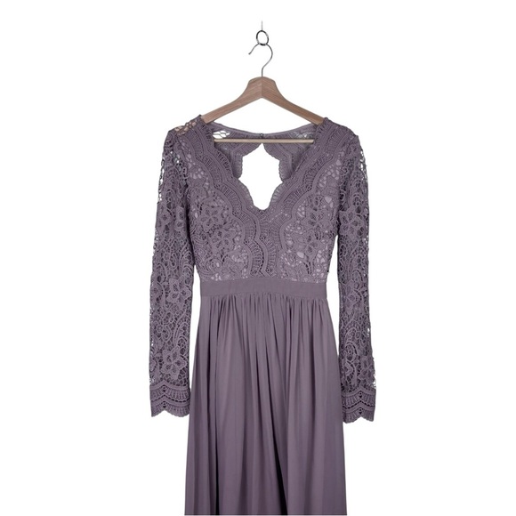 LULUS AWAKEN MY LOVE DUSTY LAVENDER LACE LONG SLEEVE CHIFFON MAXI DRESS - Picture 5 of 14